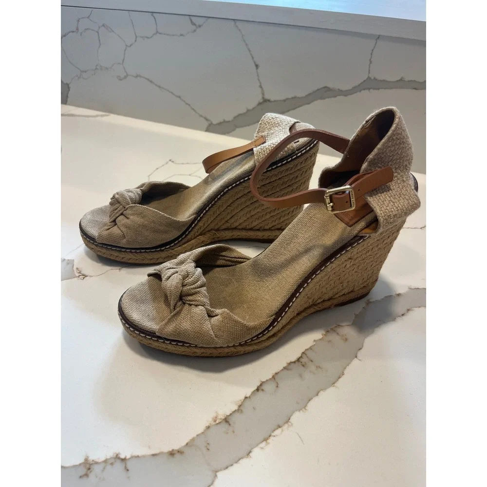 Tory Burch Beige Canvas Espadrille Wedge Sandals Tan Leather Ankle Strap Size 9B